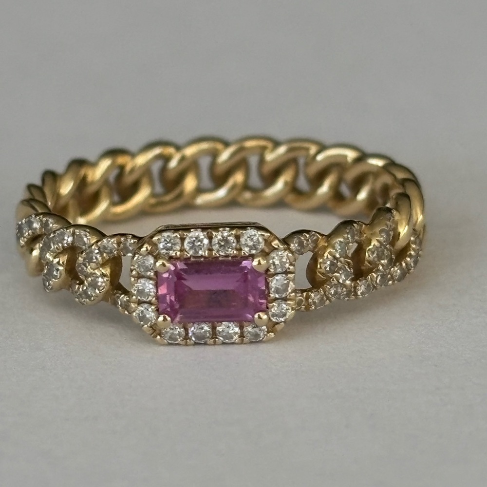 14 KT Gold Chain-Link Ring with Pink Emerald-Cut Sapphire Diamond Halo 6.5